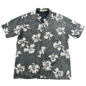 Vintage Black White Hawaiian Floral Camp Shirt Rayon USA Made Men’s L-XL